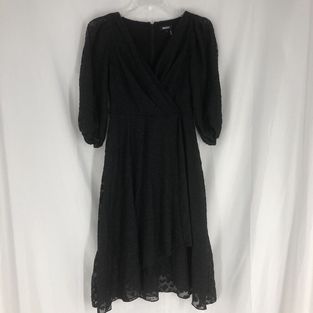 DKNY Faux Wrap Dress Size 4 Black Leopard Chiffon Sheer V-Neck Midi